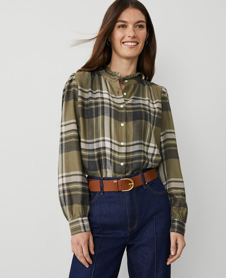 Petite Weekend Collection Plaid Ruffle Neck Flannel Shirt