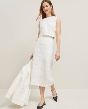 The Clean Midi Skirt in Windowpane Linen Blend