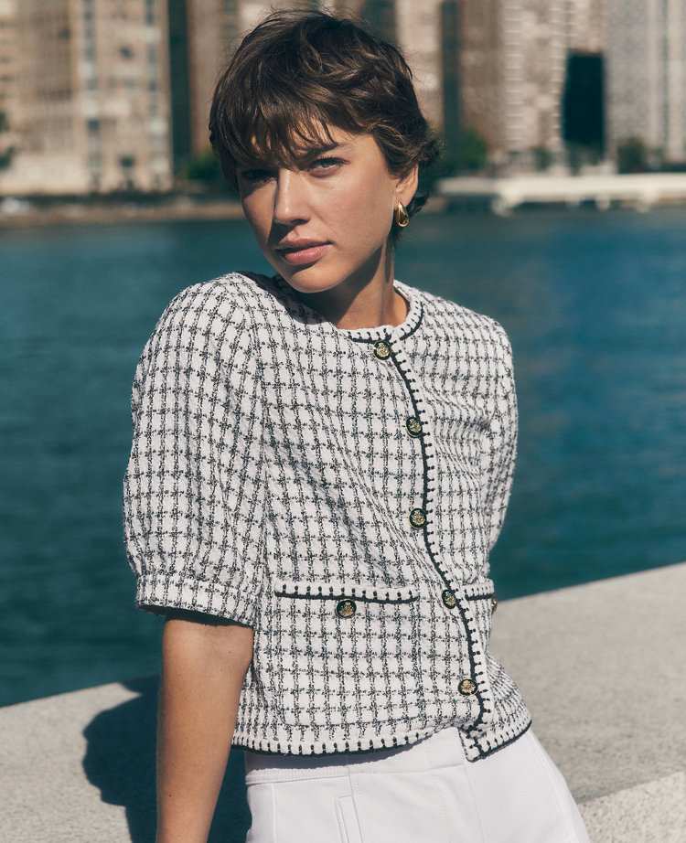 Gingham Tweed Puff Sleeve Jacket