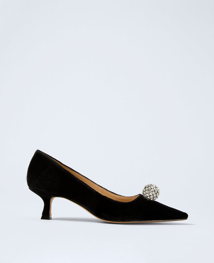 Velvet Embellished Kitten Heel Pump