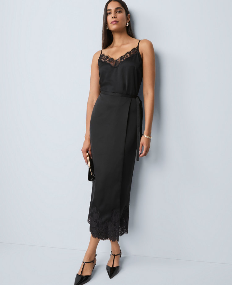 Satin Lace Hem Wrap Skirt