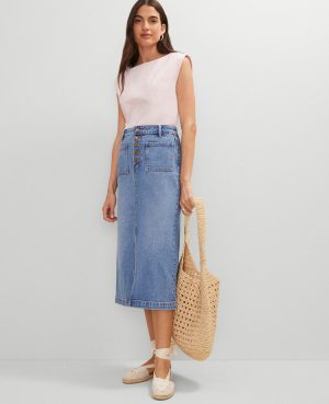 Petite Weekend Collection Patch Pocket Denim Midi Skirt