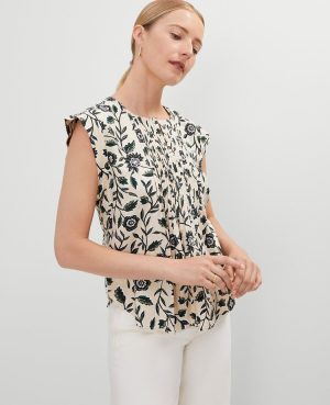 Petite Linen Blend Floral Pintucked Top