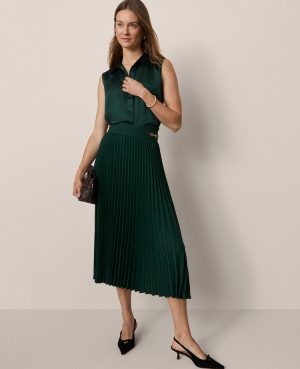Horsebit Pleated Midi Skirt