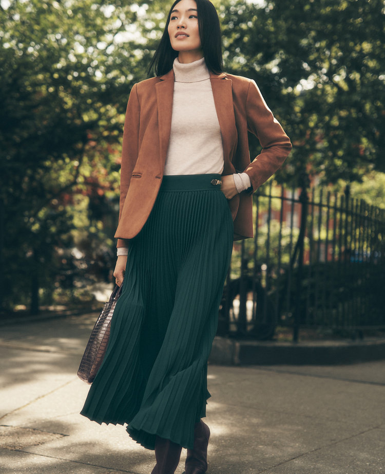 Horsebit Pleated Midi Skirt