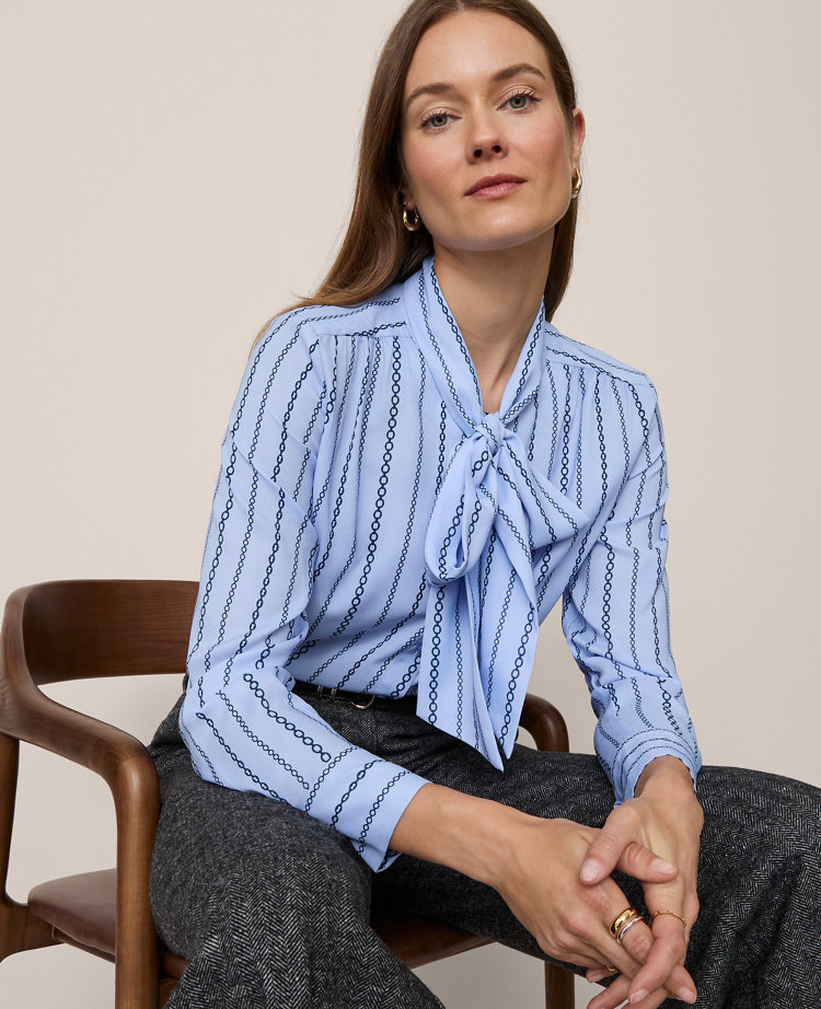 Chain Link Print Satin Bow Blouse