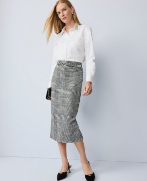 Petite Plaid Belted Midi Pencil Skirt