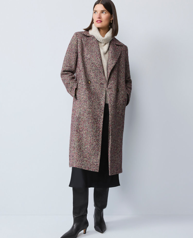 Petite Herringbone Double Breasted Long Coat