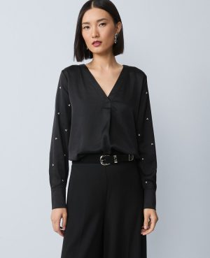 Petite Pearl Embellished Mixed Media Top