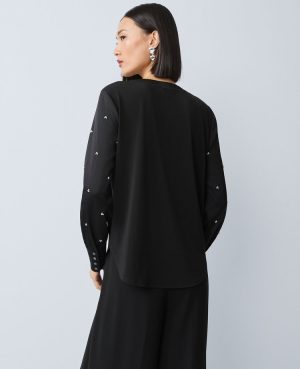 Petite Pearl Embellished Mixed Media Top