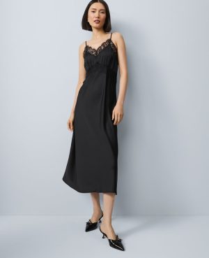 Lace Trim Satin Slip Midi Dress