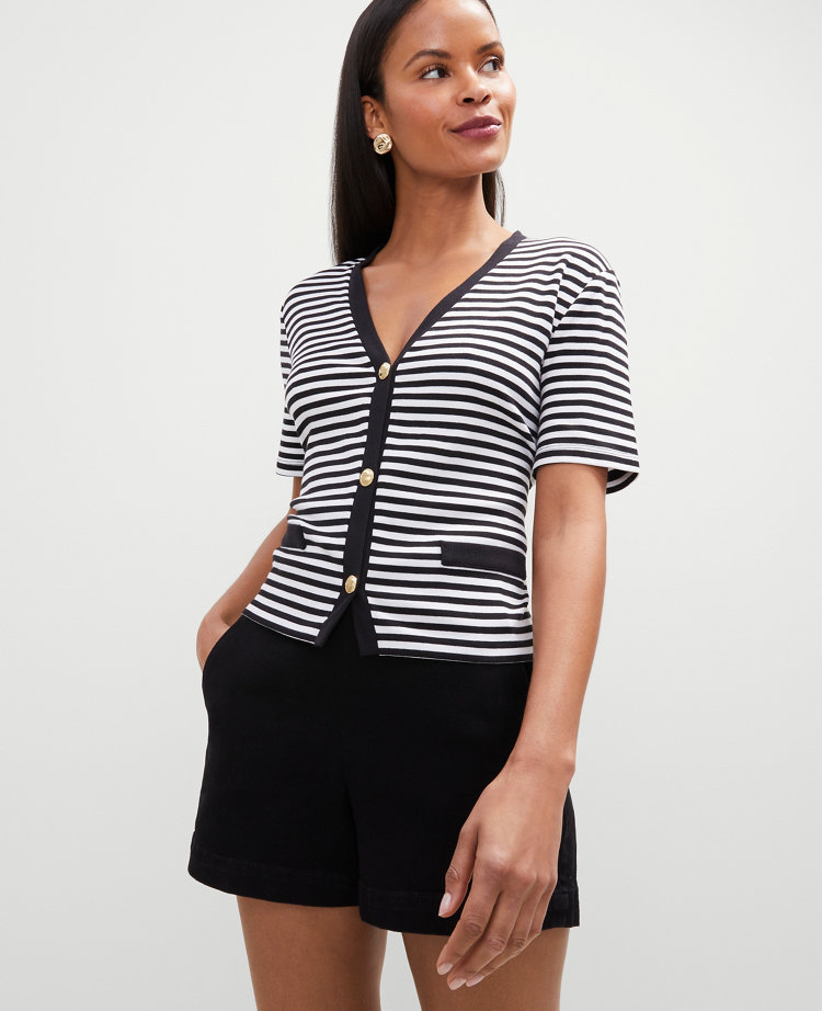 Petite Striped Short Sleeve Cardigan