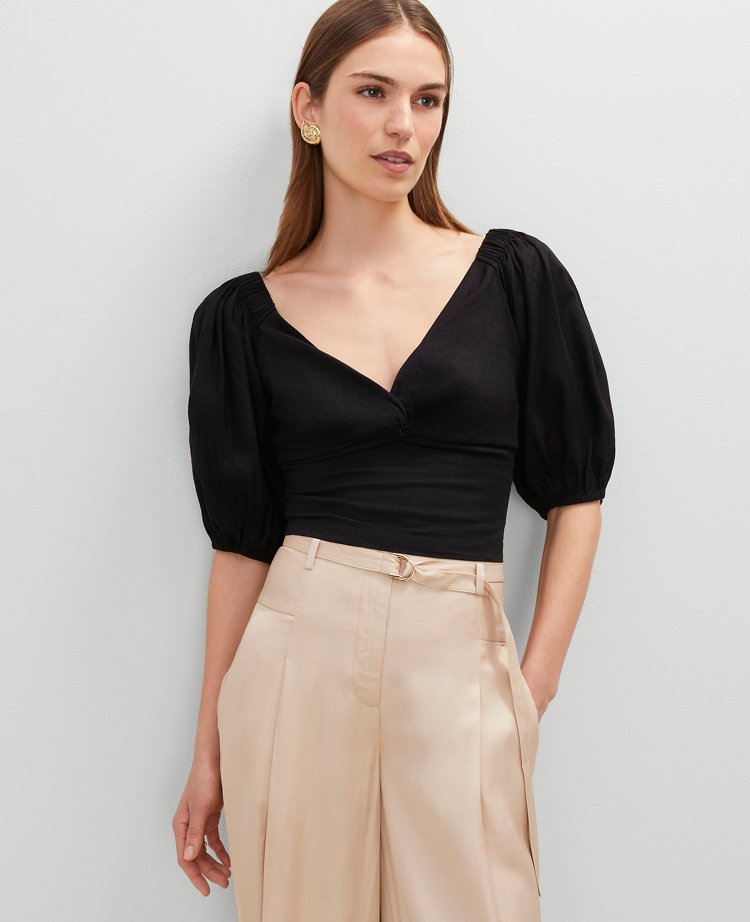 Petite Linen Blend Knotted Tie Back Blouse