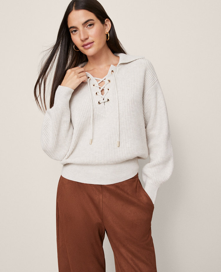 Weekend Collection Lace-Up Ribbed Sweater