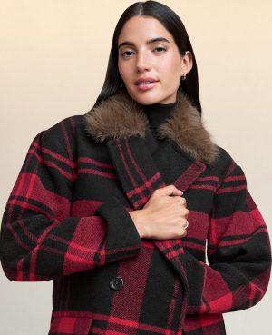 Weekend Collection Plaid Faux Fur Trimmed Peacoat