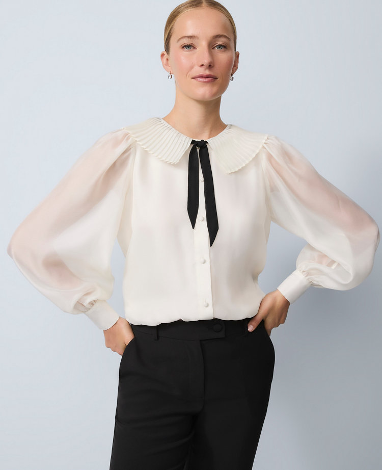 Petite Pleated Collar Tie Neck Blouse