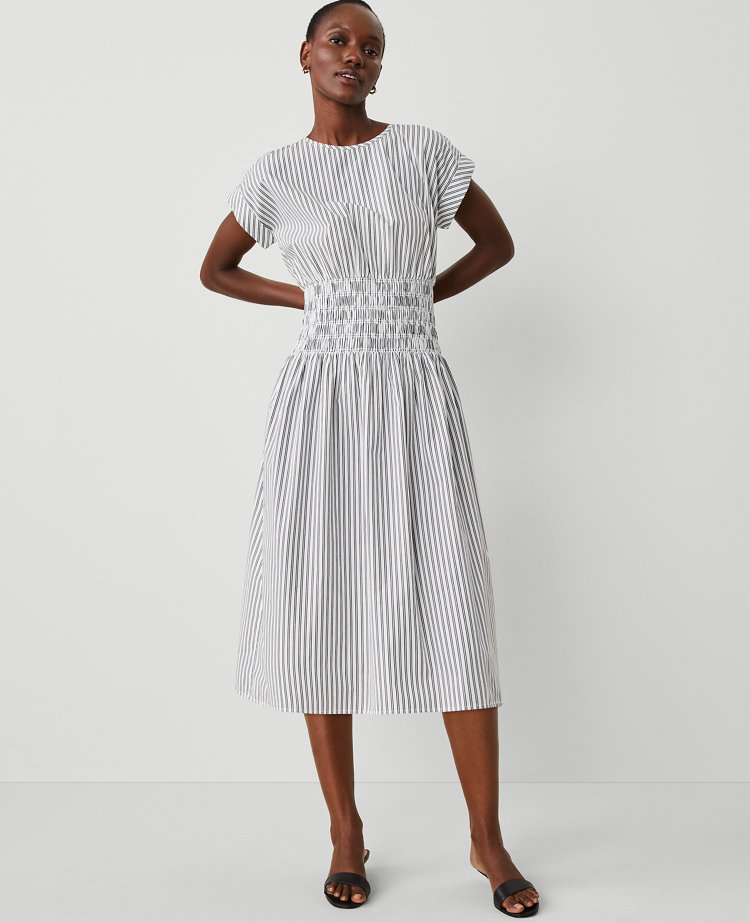 Petite Striped Smocked-Waist Midi Flare Dress