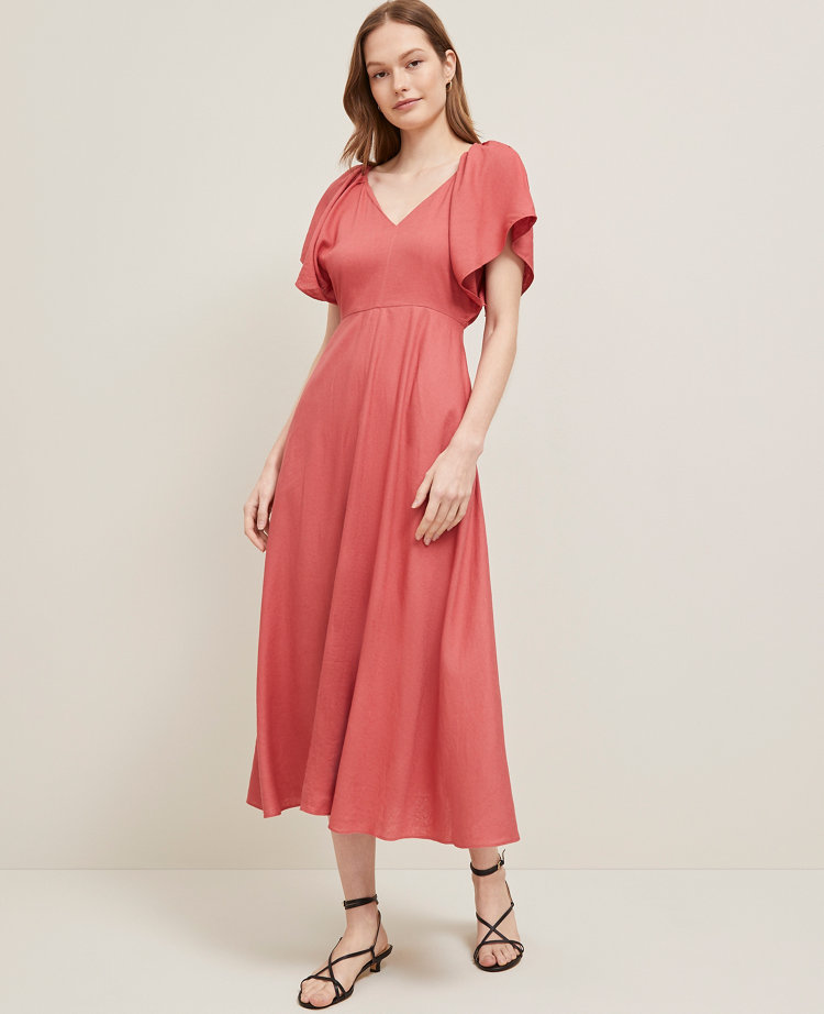 Petite Linen Blend Flutter Flare Dress