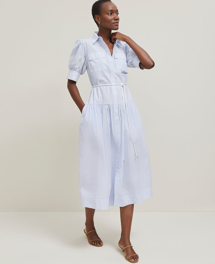 Petite Embroidered Trim Striped Shirtdress