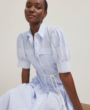 Petite Embroidered Trim Striped Shirtdress