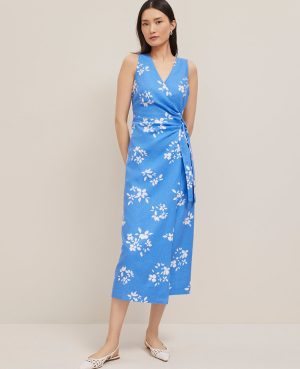 Petite Floral Linen Blend V-Neck Wrap Dress
