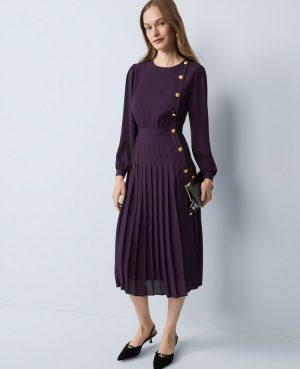 Pleated Button Flare Midi Dress