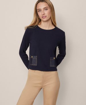 Petite Weekend Collection Denim Patch Pocket Pullover