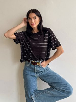 Marty Stripe Linen Top in Black